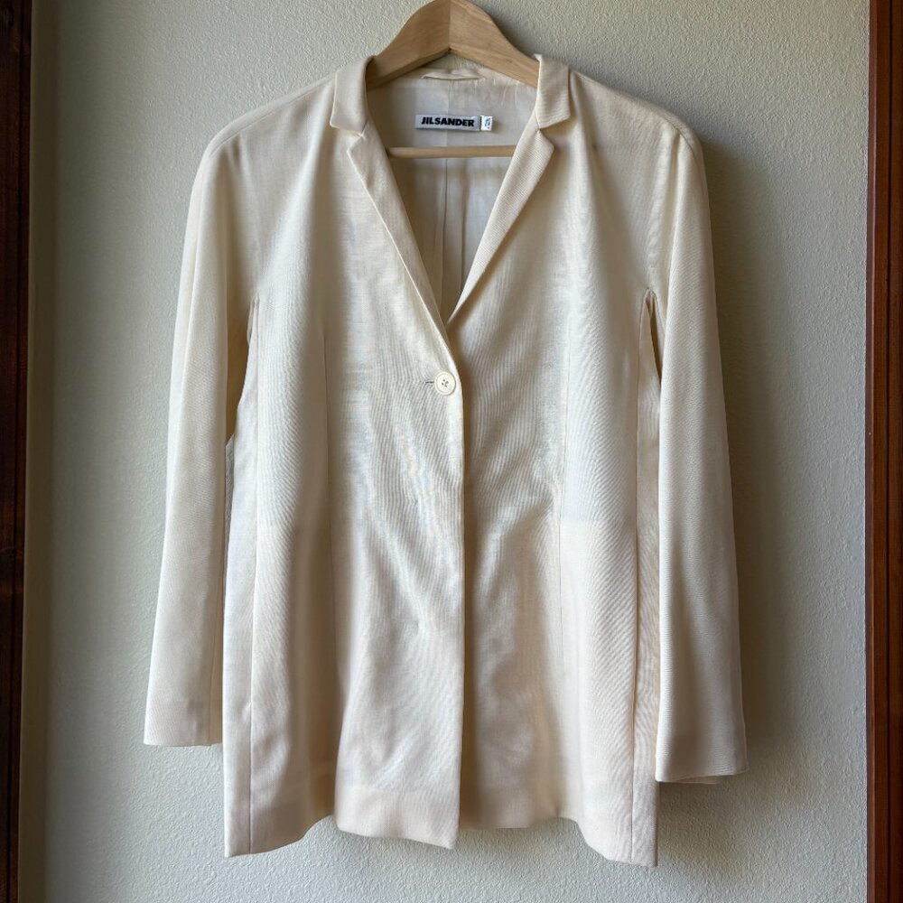 EUC Jil Sander 100% Wool Lightweight Blazer Cream White Size 4 Pockets Italy